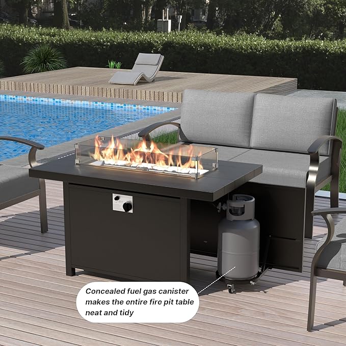 Gotland Aluminum Patio Furniture Set, 4 PCS Metal Outdoor Furniture with 45’’ Fire Pit Table Waterproof 5.1'' Seat Cushions 34.1’’ High Back, Oversized Outdoor Sectional Patio Conversation Sets, Grey