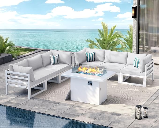 NICESOUL 7 Piece Luxury Aluminum Outdoor Sectional Sofa with Fire Pit Table, Oversized L Shaped Patio Furniture Set, 29" Deep Wide Seating, 500 lbs Heavy Duty Conversation Set for Backyard, Light Grey