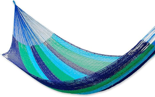 NOVICA Artisan Ocean Dreams Cotton Hammock, Handmade Fair Trade Mexican Striped Mayan Double, Blue Green Scuba, Bed 78in L x 78in W Total 158in L