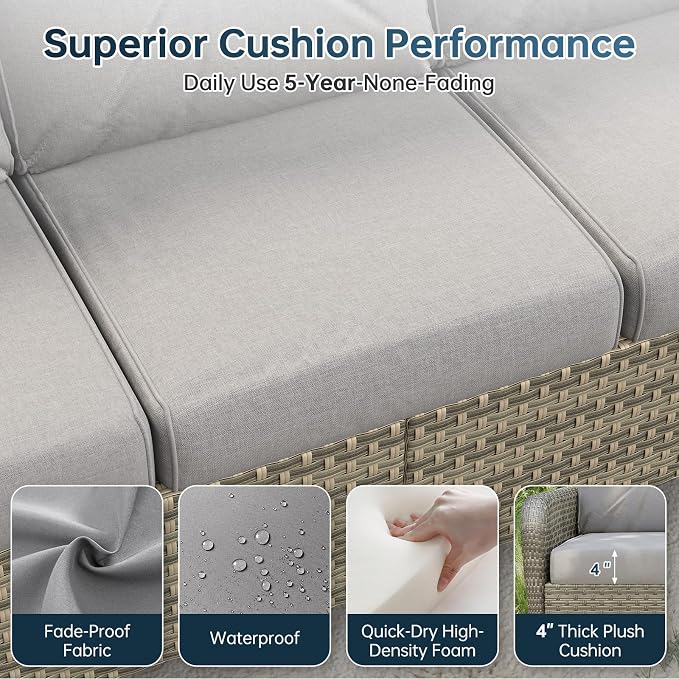 LazySunsets Luxury 9-Piece Patio Furniture Set, 360° Swivel Chairs, Wicker Rattan Sofa with Thick Cushion, Outdoor Conversation Set for Backyard, Poolside & Garden, Beige/Gray