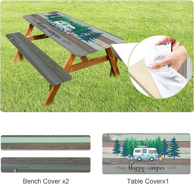 ANNA QUEEN Happy Camper RV 6FT Picnic Table Cover 3PCS Set 72"x30", Waterproof Outdoor Table and Bench Covers for Campsites and Family RV Trips