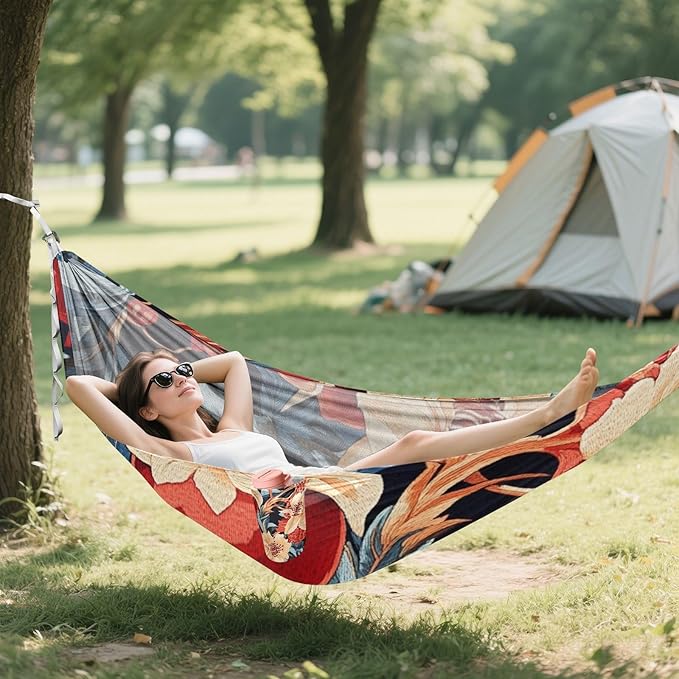Retro Red Pomegranates Red Flowers Pattern 330lb Capacity Camping Hammocks with Hanging Rope Swing Hammock for Indoor Outdoor Patio Base de hamaca para adultos