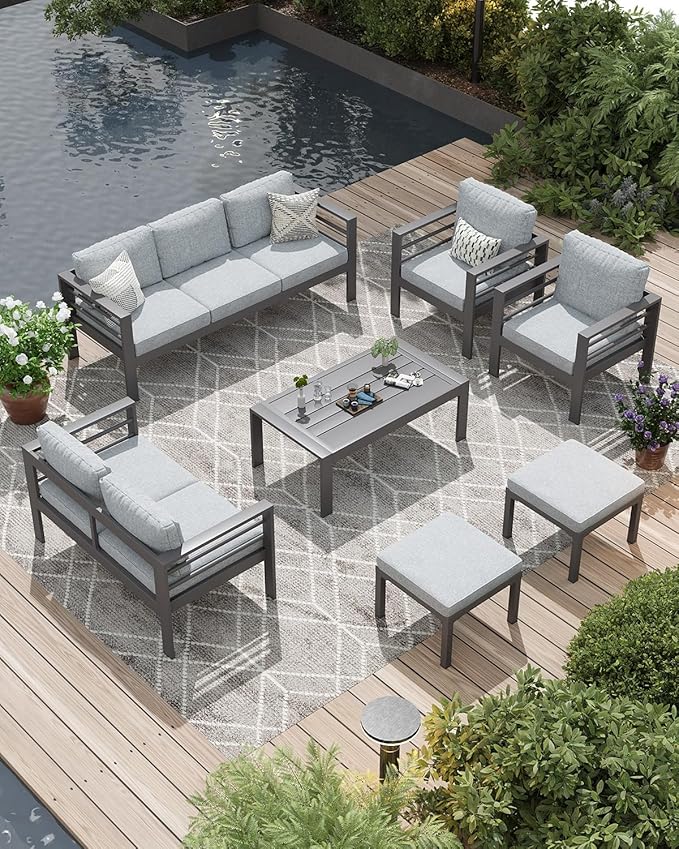 AECOJOY Aluminum Patio Furniture Set, 9 Seats Modern Outdoor Furniture with Coffee Table, 7 Pieces Metal Conversation Sectional Sofa, Light Gray