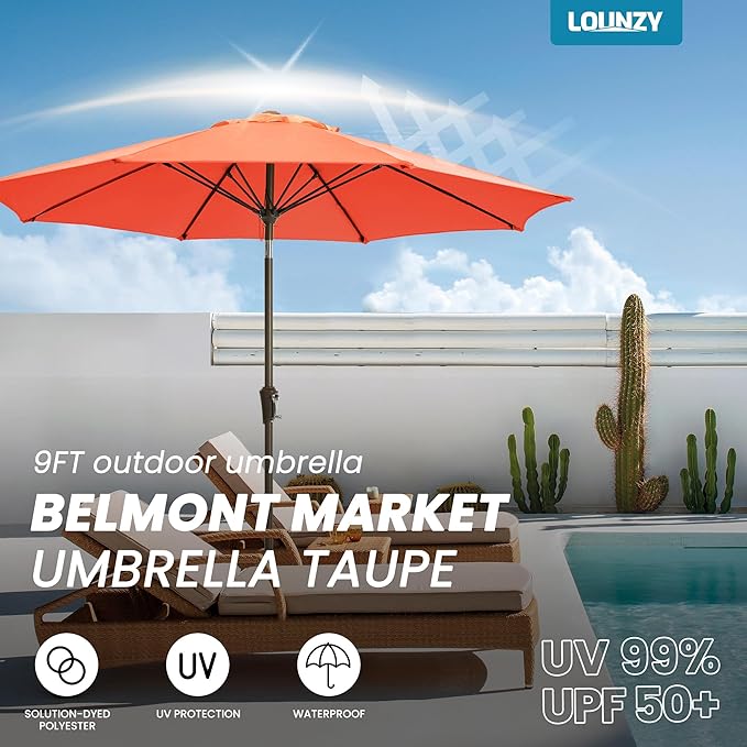 LOUNZY 9FT Large Outdoor Patio Umbrella Table Umbrella-UV Resistant,Easy Push Button Tilt and Crank,8 Sturdy Fiberglass Ribs Pool Umbrella for Patio,Backyard,Deck,Yard,Market