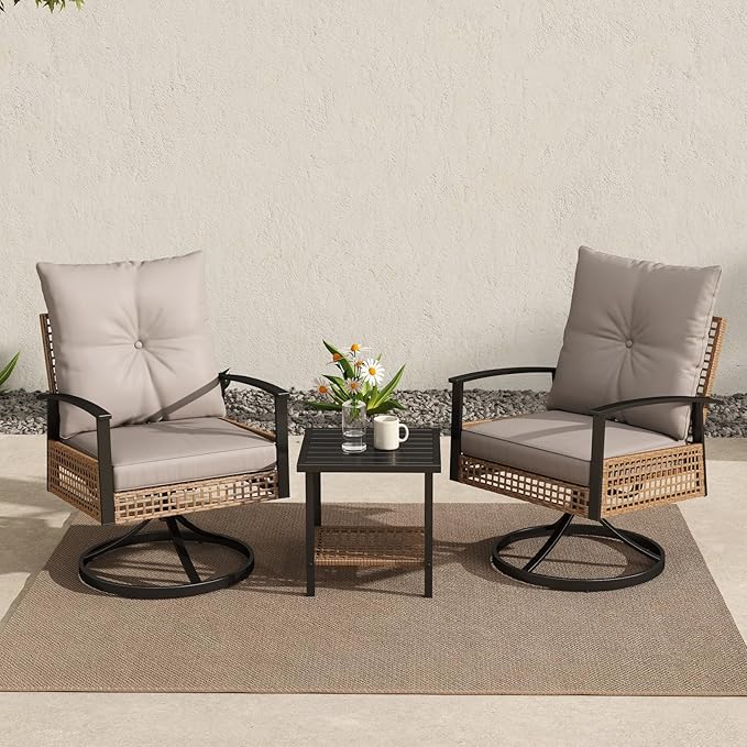 3 Pieces Patio Bistro Set, Outdoor Wicker Swivel Rocking Chairs with High Back, Rocking Patio Conversation Set with Table, Patio Swivel Glider Chair, Patio Furniture Sets, Off-White