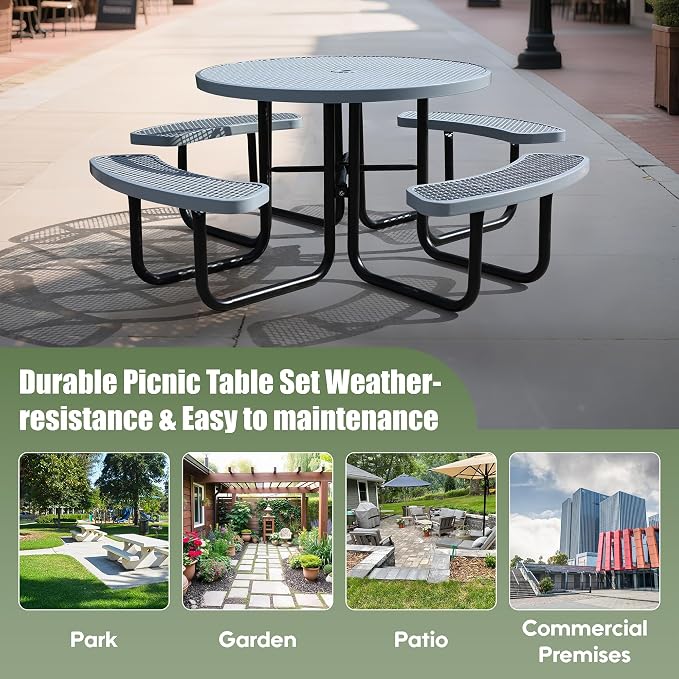 8 Person Metal Picnic Table for Outdoors, 46Inch Heavy Duty Sturdy Round Picnic Tables W/ 4 Benches & Umbrella Hole, Weatherproof Commercial Picnic Table for Garden, BBQ, Coffee Store, Patio, Porch