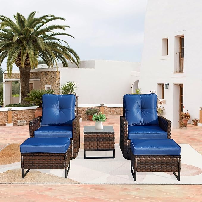 AVAWING 5 Piece Wicker Swivel Rocker, Patio Glider Chairs with Ottoman & Tempered Glass Side Table, Outdoor Conversation Set for Backyard, Garden and Poolside(Blue)