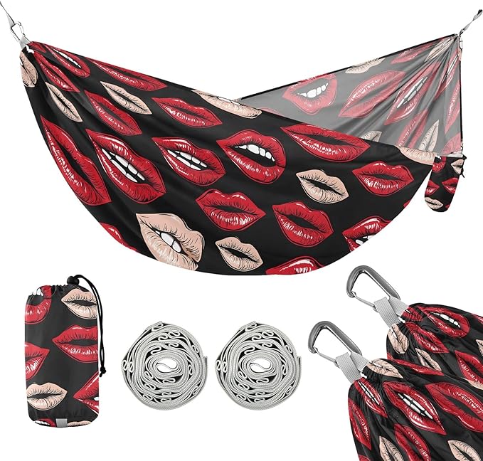 Camping Hammock Outdoor Hammocks for Outside Red Lips 1 Beach Trees Portable Lightweight with Pockets Tree Straps Indoor