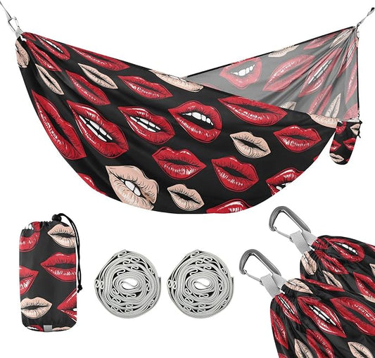 Camping Hammock Outdoor Hammocks for Outside Red Lips 1 Beach Trees Portable Lightweight with Pockets Tree Straps Indoor