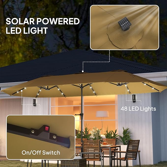 Outsunny 13ft Large Patio Umbrella with Solar Lights, Rectangular Double-Sided Outdoor Market Umbrella with Crank Handle and 48 LED Bulbs for Garden, Pool and Backyard, UPF 30+