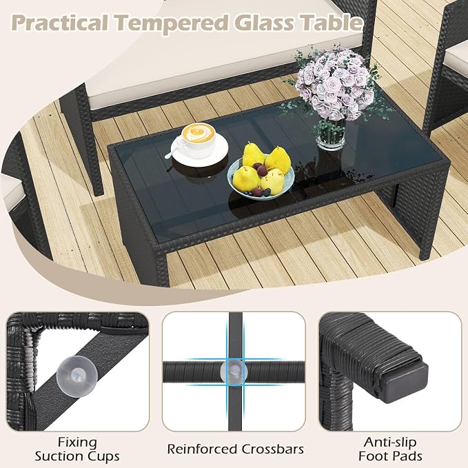 RELAX4LIFE 8-Piece Patio Furniture Set - Wicker Rattan Outdoor Sectional Sofa Set w/Glass Coffee Table, Loveseat, Chairs & Soft Cushions, Bistro Conversation for Garden Porch (2, Black-White)