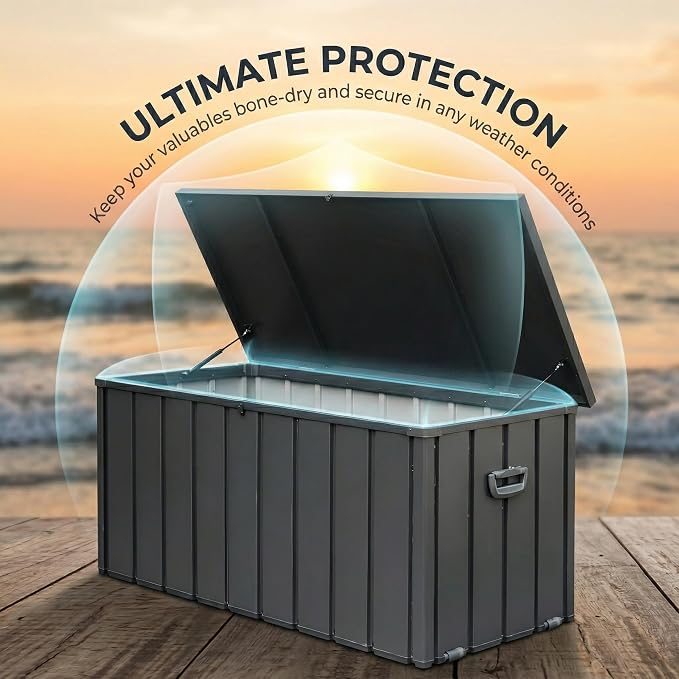 200 Gallon Outdoor Storage Deck Box with Lockable and Mobile Roller, Large Steel Container Bin with Waterproof and UV Resistant for Patio, Garden, Dark Gray