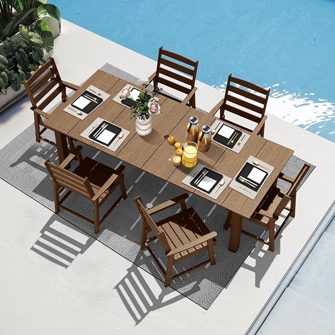 LOUNZY 7 Pieces Patio Dining Sets, 75.2'' Table Outdoor HDPE Furniture Set for 6 w/ 2" Hole Cut-Out Dining Table with 6 Patio Chairs for Pool, Lawn and Garden,Brown