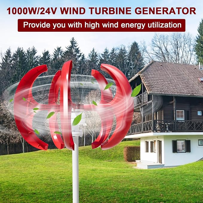 1000W Wind Turbine Generator, 12V/24V Vertical Wind Power Generator for Home Use with 5 Nylon Blades, Low Noise & High Efficiency Red