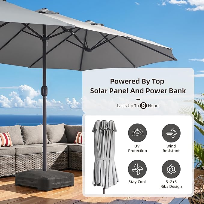 15Ft Patio Umbrella - Large Beach Umbrella W 12 Sturdy Ribs,UPF50 Outdoor Table Umbrella,Picnic Market Umbrella W Base Crank Handle for Pool,Yard,Garden
