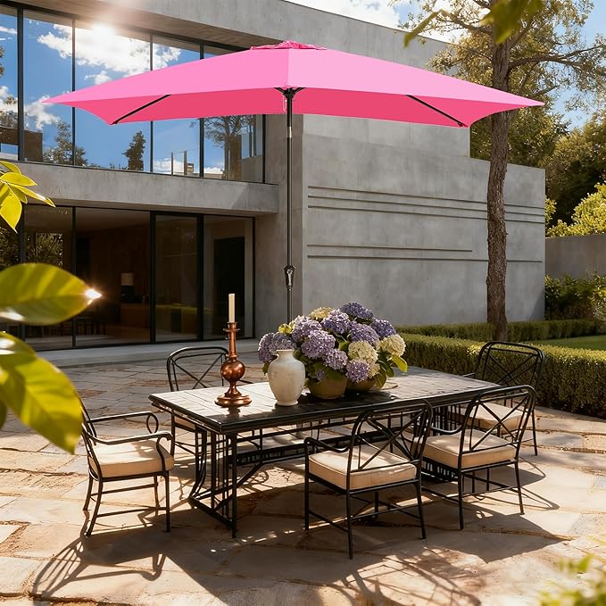 6.5x10FT Rectangular Patio Umbrella with Push Button Tilt & Crank Lift for Garden,UV Protection Outdoor Umbrella for Deck,Pool and Yard,Pink