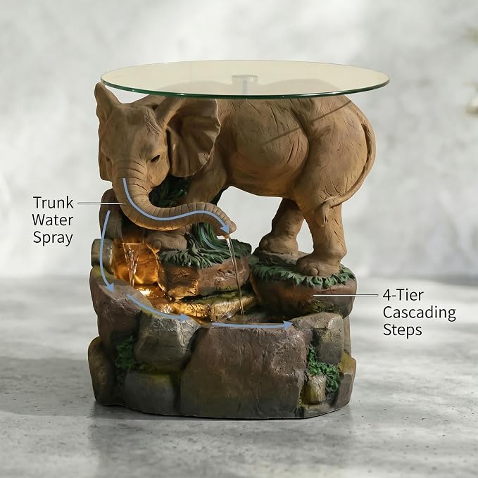 Elephant Side Table with Glass Top & Waterfall Base Patio End Table with Animal Fountain Feature 21.9" Tall Warm White LED Weatherproof Resin for Garden Living Room Home Office
