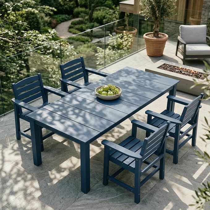 Kingdura 5 Piece Patio Dining Set for 4, 75.2'' HDPE Outdoor Dining Table Set with 2" Umbrella Hole, Weather-Resistant Outdoor Furniture, Table and Chairs Set for Backyard Pool Garden, Blue
