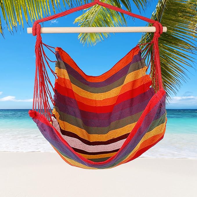 Hammock Chair Hanging Rope Swing - 2 Cushions Pillows Included - Portable Large Macrame Hanging Chair with Pocket - Camping Rope Seat
