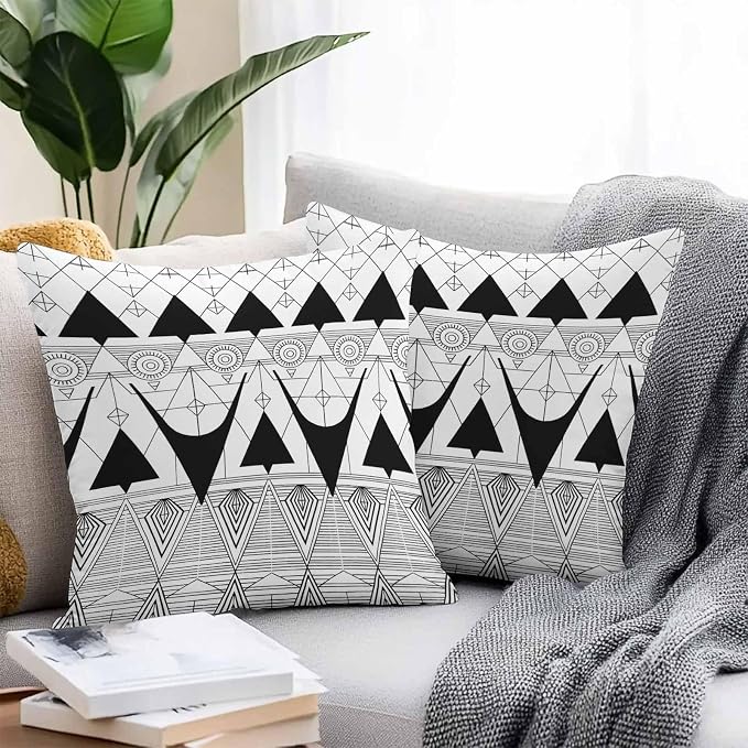 Throw Pillow Covers 16x16 Inch Set of 2, Black White Geometric Waterproof Outdoor Pillow Covers, Vintage Art Striped Decorative Cushion Pillowcases for Couch, Sofa, Bed, Garden, Patio