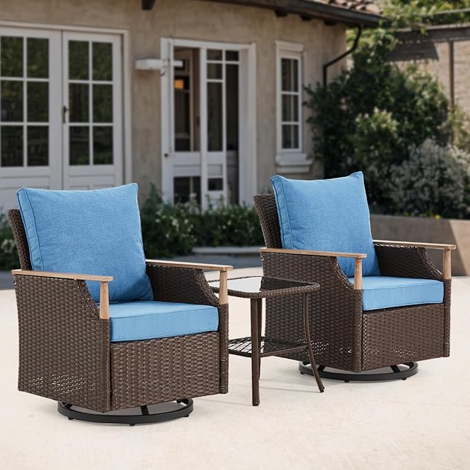 MELLCOM 3 Pieces Patio Furniture Set, Wicker Swivel Glider Chairs with Side Table and Thick Cushions, All Weather Rattan Bistro Set for for Patio, Garden, Backyard and Porch