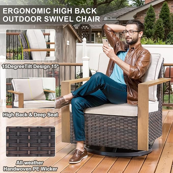 Belord Modern Outdoor Patio Furniture 7 - Person Outdoor Swivel Glider Seating Group, Backyard Wicker Furniture Set with Aluminum Armrests, Brown Wicker Beige Cushion