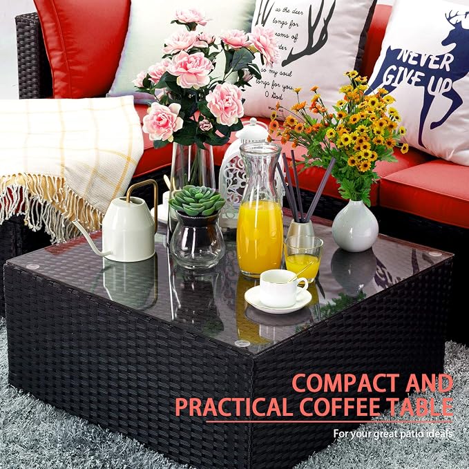 VITESSE 7 Pieces Patio Furniture Sectional Sets, Outdoor All Weather PE Rattan Wicker Lawn Conversation Sets, Garden Sofa Set with Coffee Table and Washable Cushion, 7 Pieces, Red