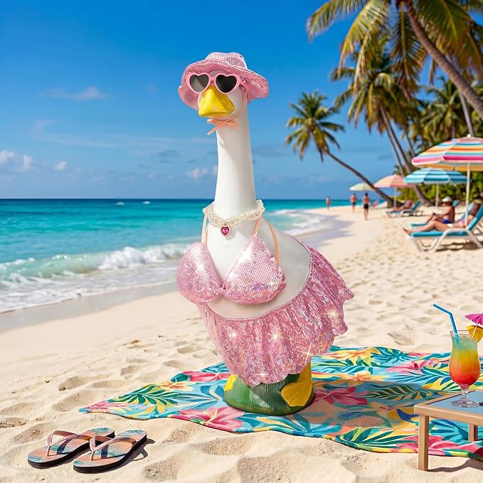 Pink Bikini Goose Clothes Set with Sunglasses Necklace Hat, Pink Sequin Swimming Suits Porch Goose Outfits for 23 Inch Goose Statue, Summer Pool Party Garden Decor (Pink)
