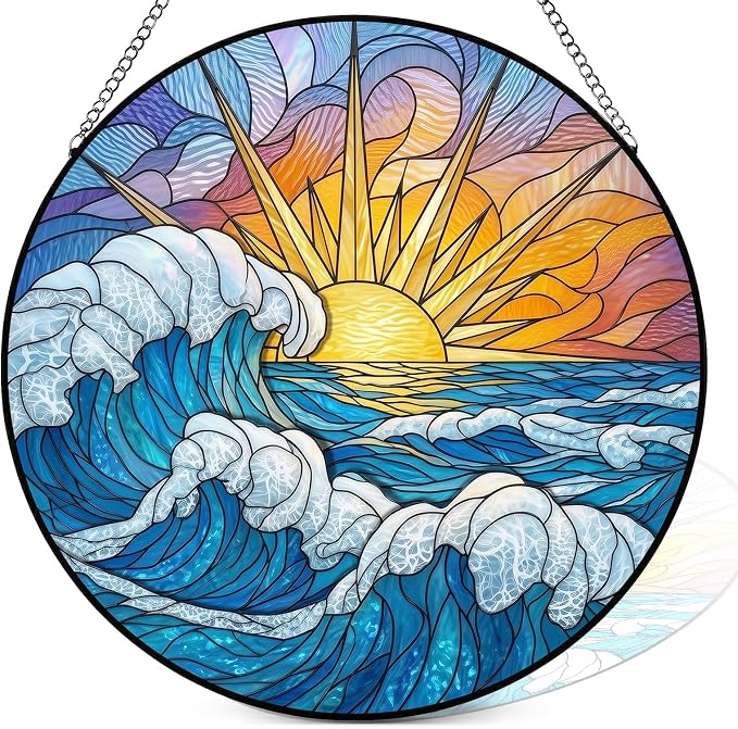 Statement Deluxe Bundle | Stained Glass Window Hanging, Ocean Sunrise 3D Embossed Diamond Glass Suncatcher, 7-Piece Coastal Gift Set with Crystal Pendant & Invisible Hooks