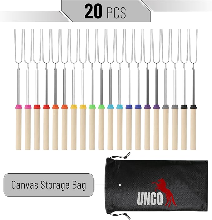 UNCO- Marshmallow Roasting Sticks, 20 Pack, 32”, Extendable Stainless Steel Smores Sticks for Fire Pit