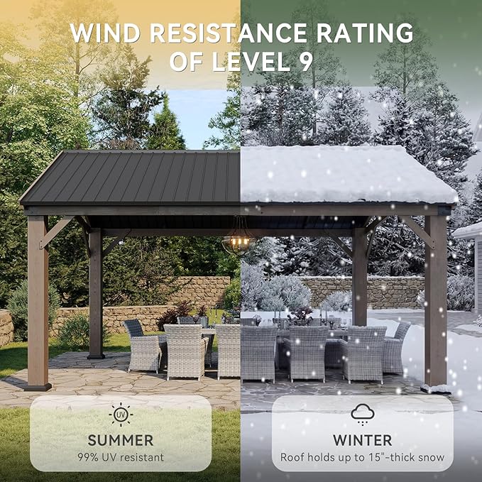 Aoxun 12' x 16' Outdoor Wood Gazebo with 20" Ceiling Fan with Light, Hardtop Gazebo Permanent Wooden Pavilion with Galvanized Steel Gable Roof, for Patio, Garden, Deck, Cedar Wood