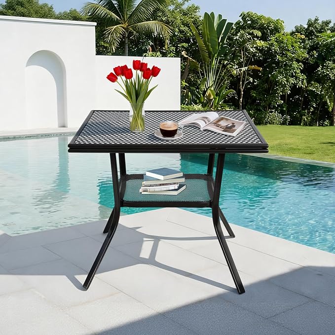 35.2" Outdoor Dining Table for 4 Person, Square Patio Dining Bistro Table with Sturdy Metal Frame & Adjustable Foot Pads for Garden, Backyard and Porch, Partitioned Storage Rack, Black
