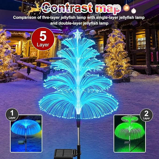Solar Christmas Decorations Trees Lights Outdoor Waterproof Solar Christmas Tree Jellyfish Lights 5 Layer Optical Fiber 7 Color Changing for Pathway Lawn Patio Outside Decorative, 3PCS