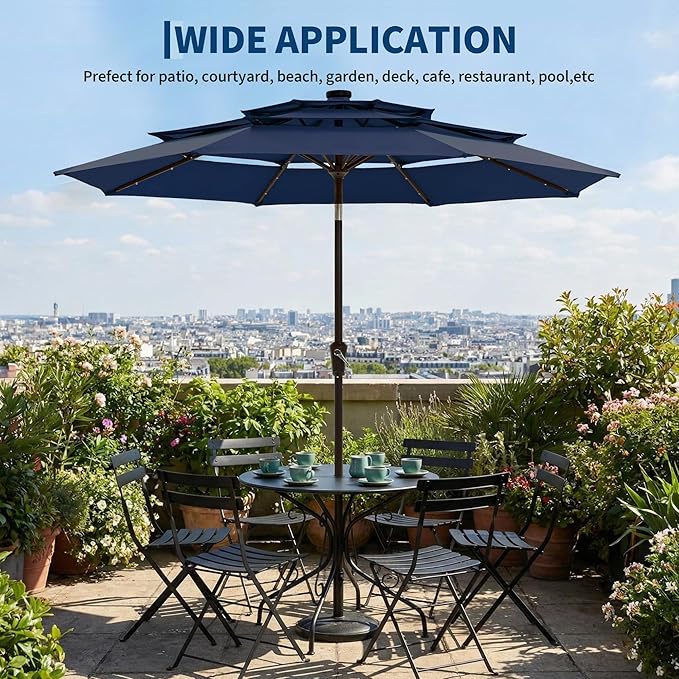 Garvee 9ft 10ft Patio Umbrella with Solar Lights, 3-Tier Umbrella Outdoor Patio with LED Lights, Ventilation, Easy Crank & Tilt, 8 Sturdy Ribs, UV Protection, Large Patio Umbrella for Deck, Pool