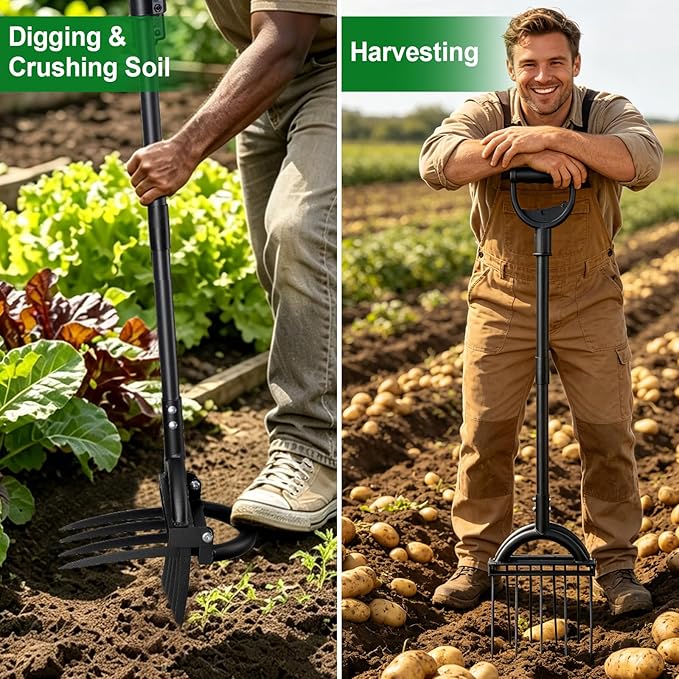 Broad Fork Garden Tool, 63” Heavy Duty Broadfork Hand Tiller with Double 5+4 Sharp Tines, Garden Pitchfork with Ergonomic D-Shaped Handle, Spading Digging Fork for Compost Soil Cultivating Loosening