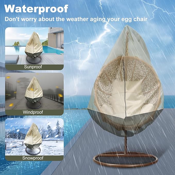 Waterproof Egg Chair Cover for Outdoor,Outdoor Hanging Egg Chair Cover,UV Resistant,Windproof Heavy Duty,Wicker Egg Swing Chair Covers,Fits Single Seat Egg Chair,75"" x 45"",Beige