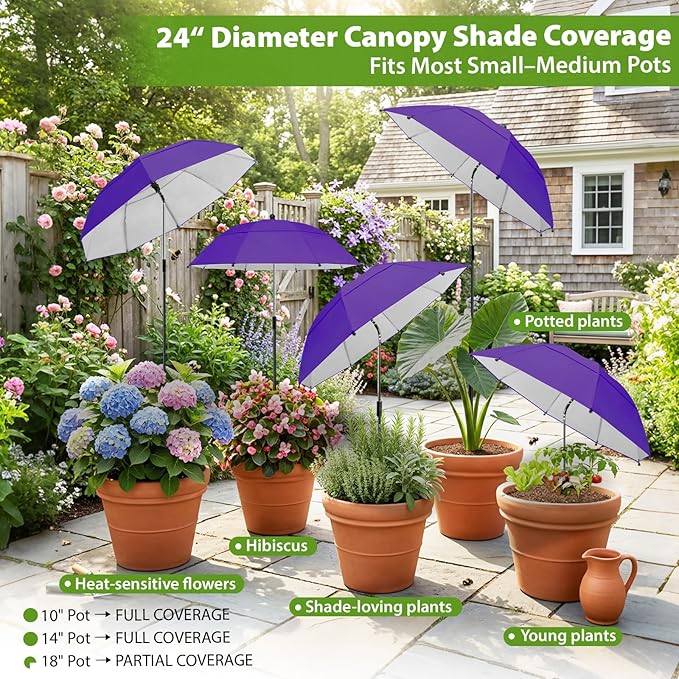 Plant Umbrellas, 5Pack 360°Adjustable Garden Umbrella for Outdoor Plants,24” Large Sun Shade for Garden Beds Potted Plants, 47.8" High Plant Shade Cover Umbrellas for Sun-Sensitive Plants