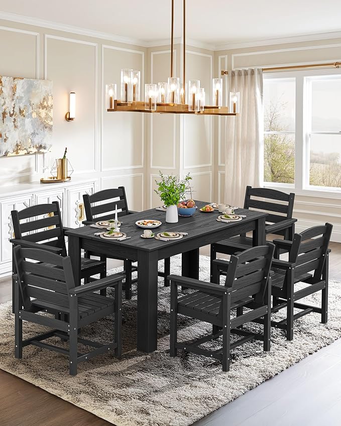 SERWALL Patio Dining Sets for 8, Outdoor Dining Sets for 8 Person with 2 Umbrella Hole Cut-Out Rectangular Tables and 8 Chairs, HDPE Dining Sets Outdoor, Black