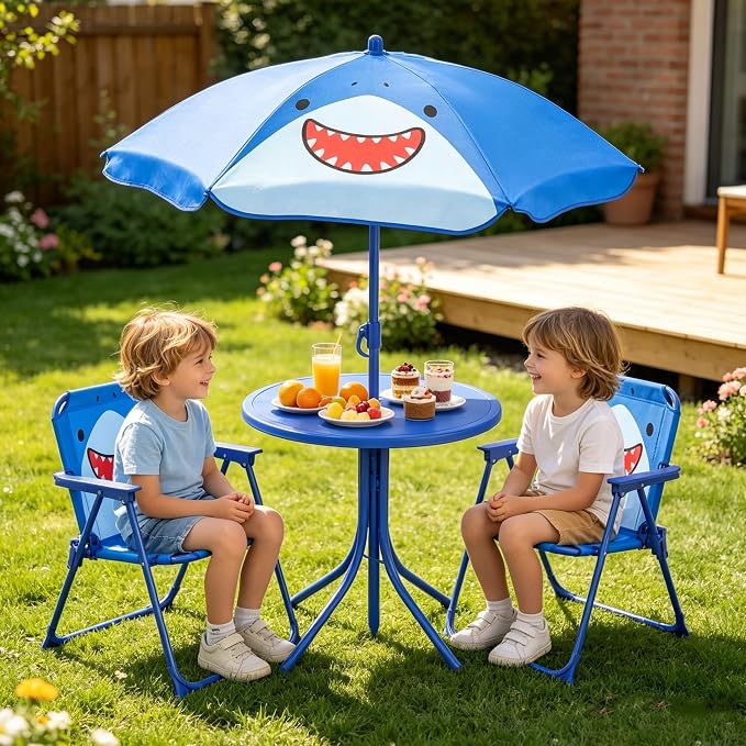 KOTEK Kids Picnic Table with Umbrella, Outdoor Table & 2 Folding Chairs, Cute Pattern Children’s Patio Furniture, Portable Kids Table and Chair Set for Backyard, Garden, Beach (Blue Shark)