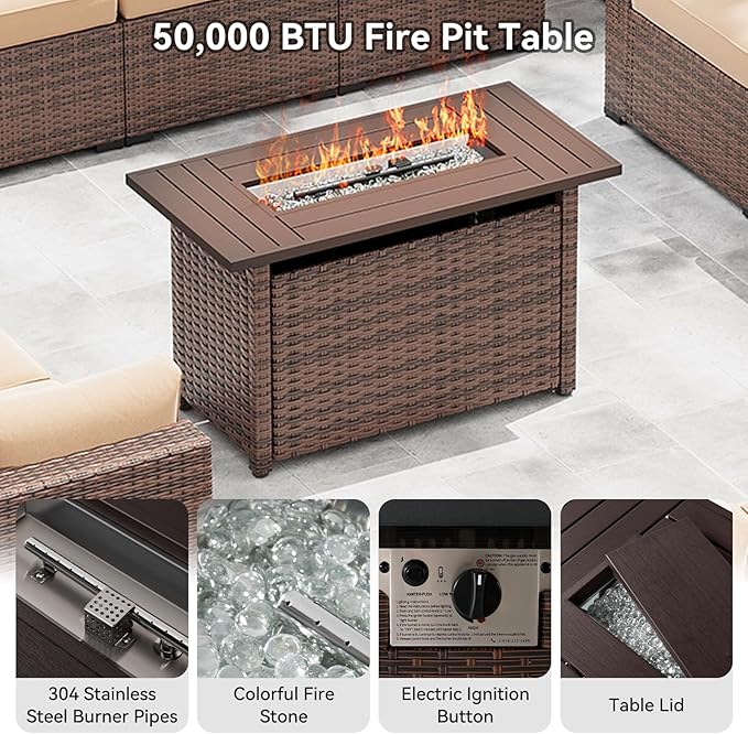 LazySunsets 15-Piece Patio Furniture Set with 44" Fire Pit Table, Wicker Outdoor Furniture, Patio Conversation Sets with Coffee Table, Outdoor Sectional Couch with Waterproof Cover, Beige