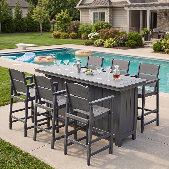HDPE Outdoor Bar Height Chairs Set of 6, 28.5" Seat All-Weather High Top Patio Stools with Backrest, Heavy Duty Patio Bar Stools with Arms, High Top Outdoor Chairs for Deck/Party/Pool, Grey