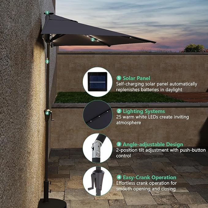Helios&Hestia 9 ft Small Half Round Solar Powered Wall Outdoor Market Patio Umbrella with LED Lights and Tilt for Garden, Deck, Balcony