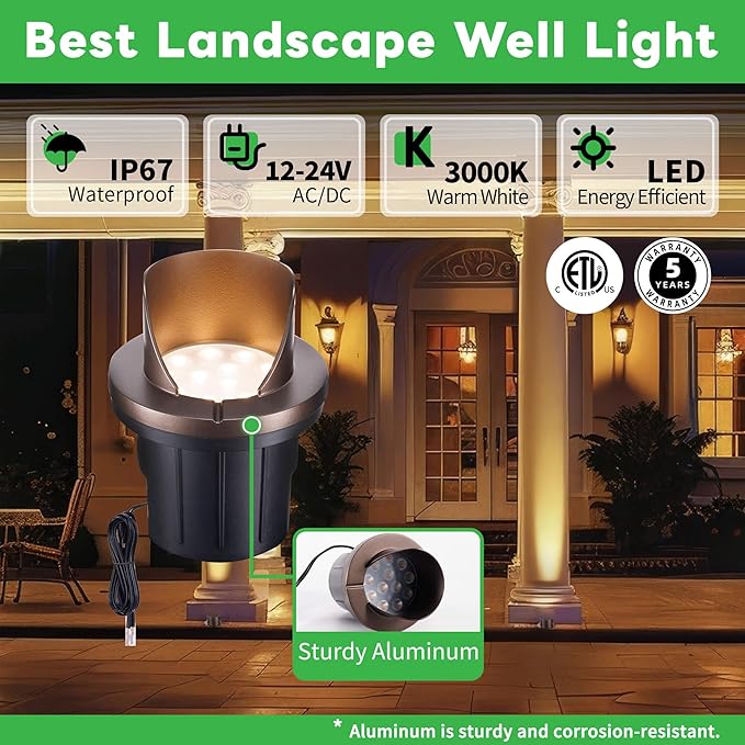 Low Voltage LED Well Lights Outdoor, In-Ground Landscape Lights Warm White 3000K, 12V IP67 Waterproof 4" Shielded Top Aluminum ORB for Pathways & Yards, 10 Pack