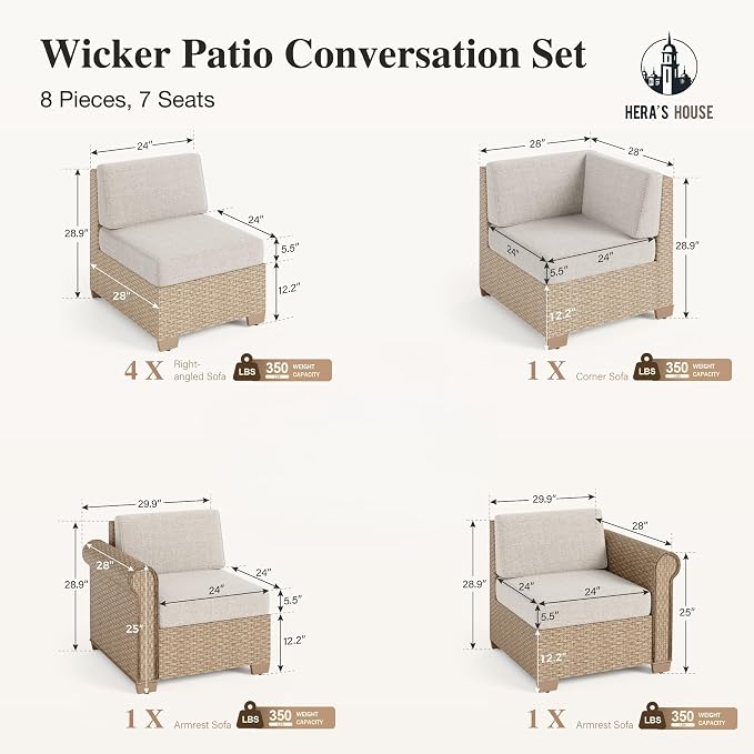 HERA'S HOUSE Patio Furniture Set, All Weather 7 Seats Outdoor Sectional Wicker Sofa with Fire Pit Table, 5.5" Thick Waterproof Cushion 9 Piece Modular Conversation Set for Garden Deck Backyard