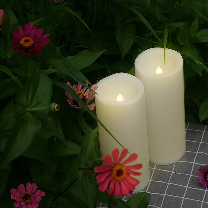 Outdoor Waterproof Large Led Flameless Candles with Remote Timer Long Lasting Battery Operated Plastic Electric Resin Pillar Candles for Home Garden Patio Xmas Wedding Party Decorations 4”X10” 2 Pack