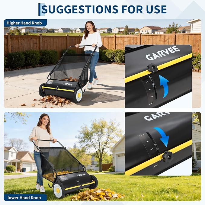 Heavy-Duty 26-Inch Hand-Push Lawn Sweeper with 7 Cu.ft. Collection Bag & Adjustable Brush Reel - Ideal for Picking Up Grass, Leaves, and Yard Debris on Any Terrain