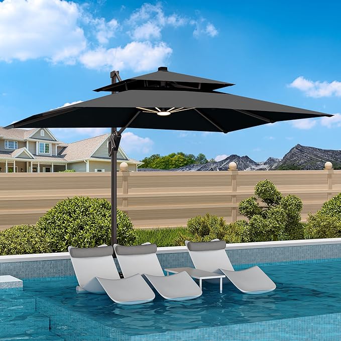 9' X 12' Cantilever Patio Umbrella with Base Included and Led Lights Double Top Rectangular Outdoor Large Offset Umbrellas with 7 Tilts Adjustable 360°Rotation for Deck Pool Garden Backyard, Grey