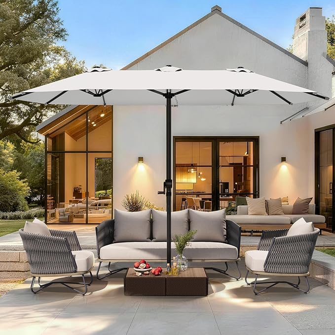 GDPFN 15FT Large Patio Umbrella, Outdoor Deck Standing Umbrella with Crank Handle, Double-Side Rectangular Pool Umbrella for Outside, Market, Patio, Light Gray (Base Not Include)