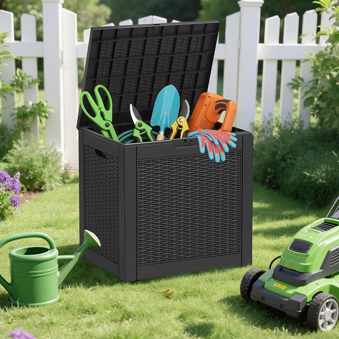 Outdoor Storage Box, 30 Gallon Deck Box with Lockable Lid, Waterproof Resin Storage Bin for Patio Furniture, Garden Tools, Cushions, Black