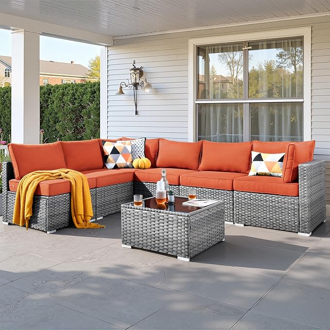 7 PCS Outdoor Patio Furniture Sets,Wicker Weather Resistant Patio Conversation Set with Comfy Cushions,Modular L Shaped Sofa with Coffee Table for Yard Backyard Porch Garden Poolside,Orange Red